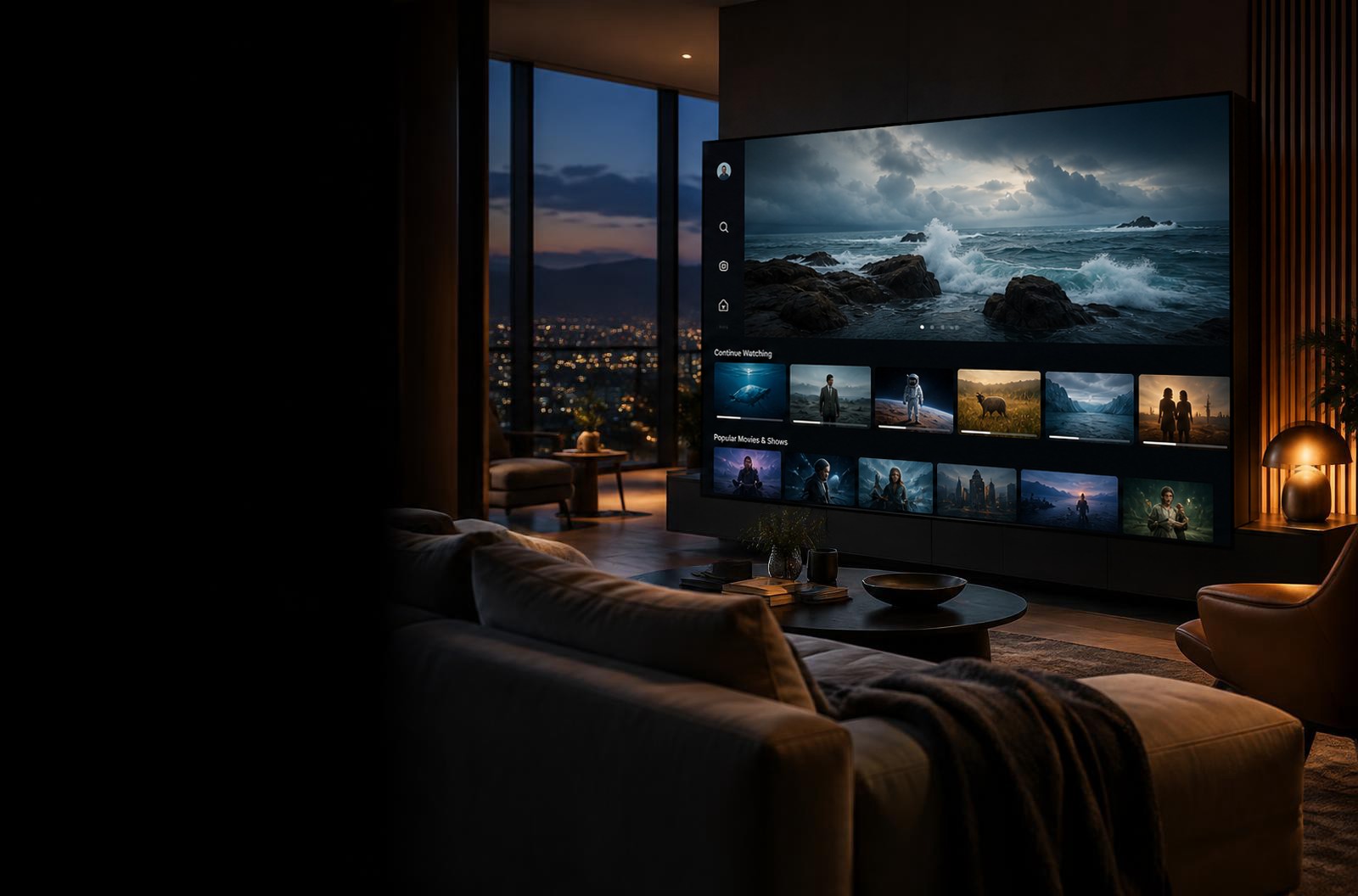 Smart TV mostrando un menú de canales y contenidos CTV en una sala contemporánea